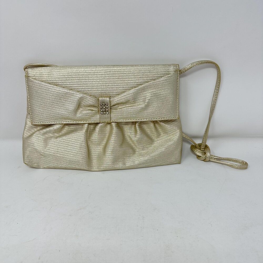 Vintage Gold Metallic Evening Bag Rhinestone Bow Clutch Cocktail Wedding Purse